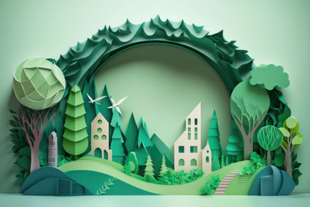 3d illustration of paper cut landscape with planet earth, trees and housesの素材