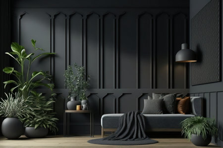 Interior of modern living room with black walls, wooden floor, gray sofa and plants in pots. 3d renderの素材