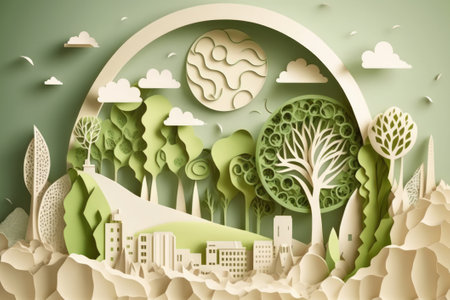 3d illustration of paper cut landscape with planet earth, trees and housesの素材