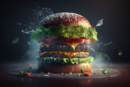Big hamburger with flying ingredients on dark background. 3d renderingの素材