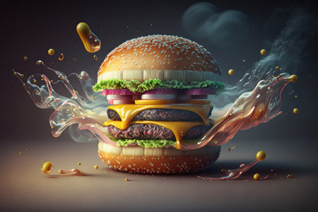 Hamburger with flying ingredients. 3d rendering toned imageの素材