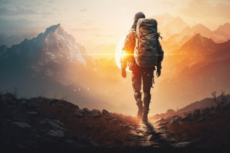 Hiker with backpack hiking in mountains at sunset. Travel and adventure conceptの素材