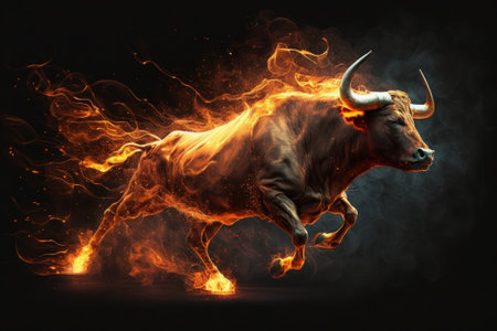 Bull running in fire on a black background. Concept of the fight of the bulls.の素材