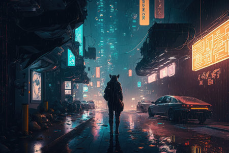 Man walking in the city at night. 3D Rendering.の素材