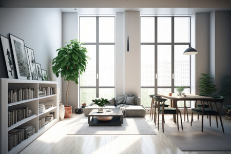 Modern living room interior with furniture and city view. 3D Renderingの素材