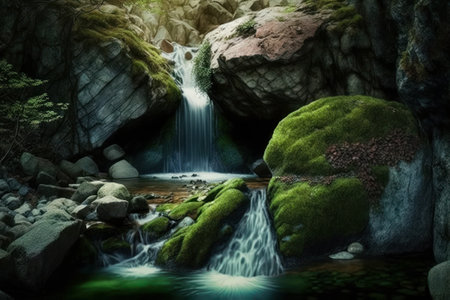 Beautiful waterfall in the forest. 3d rendering. Computer digital drawing.の素材