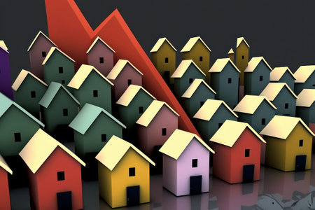 3d illustration of colorful houses over grey background with arrow going downの素材