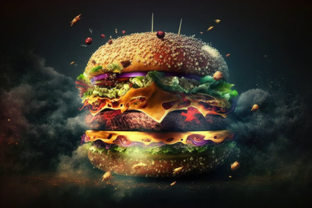 Hamburger with flying ingredients and smoke on dark background. 3d renderingの素材