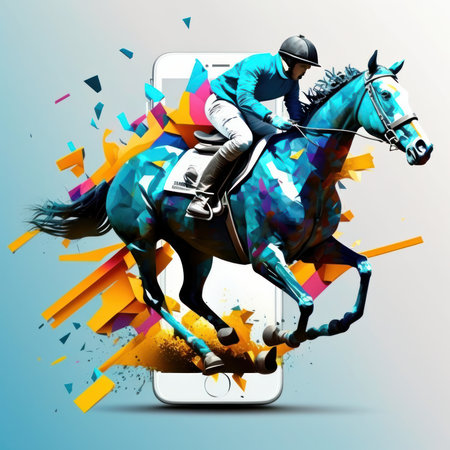 Horse rider jumping over mobile phone with abstract background. Vector illustrationの素材