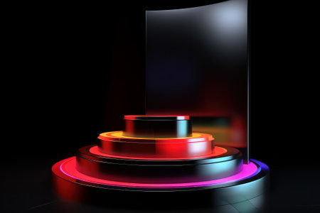 Abstract round podium illuminated with neon lights. Mock up, 3D Renderingの素材