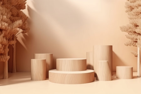 Wooden podiums in the room. 3d rendering, 3d illustrationの素材
