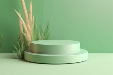 3d rendering of green podium for product presentation. Abstract minimal scene with geometric shape.の素材