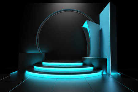 Abstract scene with round podium and blue neon lights. 3d renderの素材