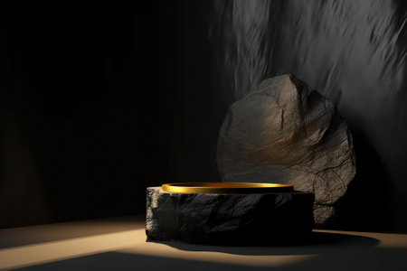 3d render of a black podium on a dark background with stones and smokeの素材
