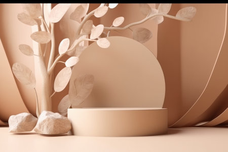 3d render of the beige podium for product presentation with eucalyptus branches and leavesの素材