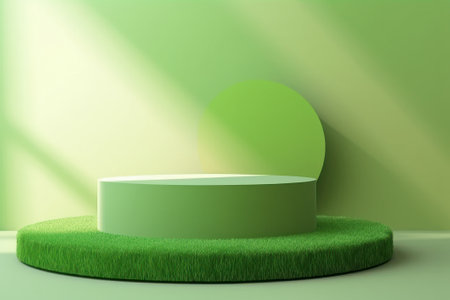 3d render of minimal geometric forms. Glossy green podium for your design.の素材