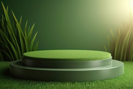 Green podium on green grass background. 3d render. Mockupの素材