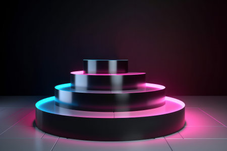 Pedestal with neon lights on dark background. 3d renderingの素材