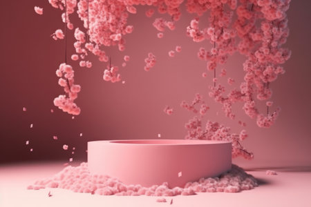 3d render of pink podium with cherry blossom petals floating in the airの素材