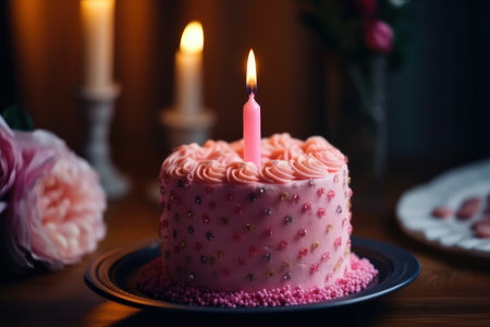 Beautiful birthday cake with burning candle on wooden table, closeupの素材