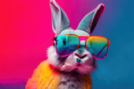 Funny rabbit with sunglasses on a colorful background.の素材