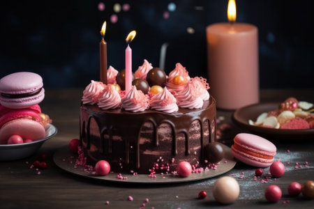 Chocolate cake with pink cream and macaroons on a dark backgroundの素材