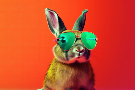 Funny rabbit in sunglasses on a red background. Studio shot.の素材