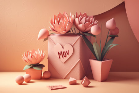 Mother's Day concept. Valentine's day background with gift box and flowers. 3d renderingの素材