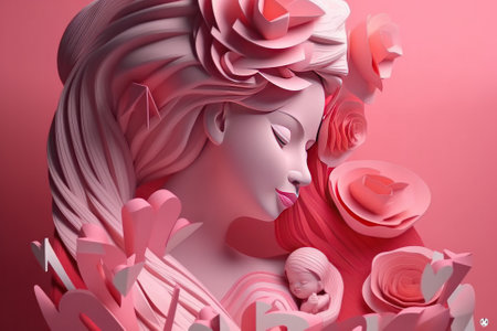 Mother's Day concept. 3d illustration of a beautiful girl with pink hair and rose petalsの素材