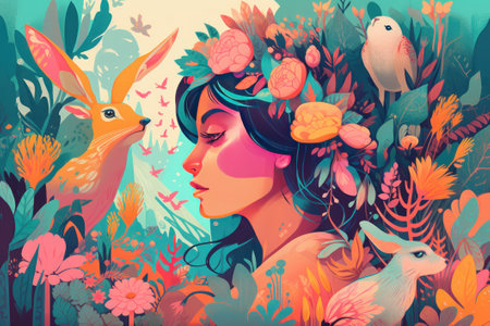 Beautiful young woman with flowers and birds in the forest. Vector illustration.の素材