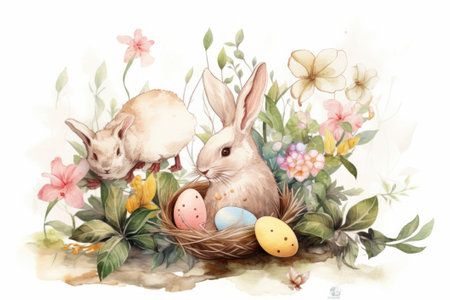 Easter bunny and eggs in nest. Watercolor hand drawn illustrationの素材
