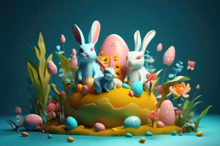 Easter eggs and bunny on blue background. 3d illustration.の素材