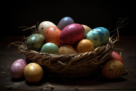 Easter eggs in a basket on a wooden background. Toned.の素材