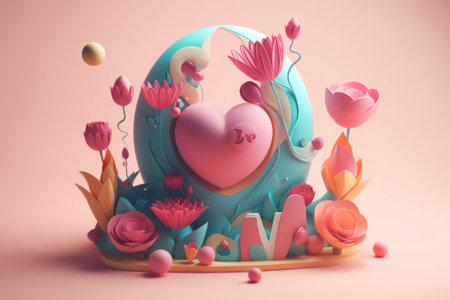 3d render of cute pink and blue heart with flower decoration on pink backgroundの素材