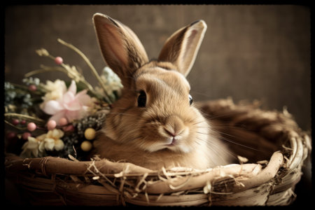 Rabbit in a basket with flowers on a wooden background. Toned.の素材