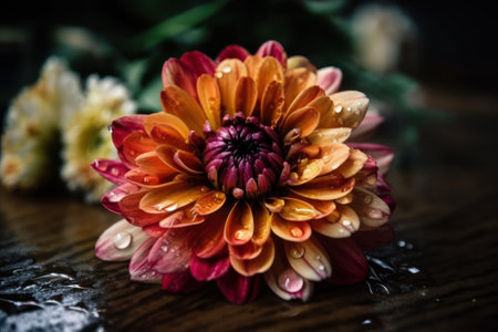 Beautiful dahlia flowers on wooden background. Selective focus. Toned.の素材