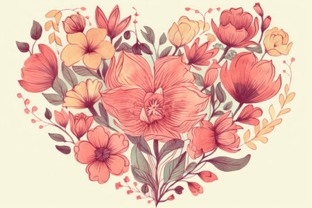 Mother's Day concept. Hand drawn vector illustration with flowers in heart shape, vintage style.の素材