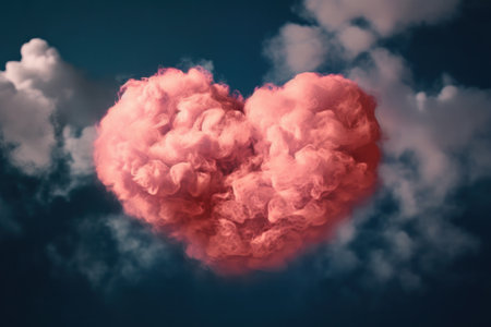 Red heart shaped cloud on dark blue sky background. 3D Renderingの素材