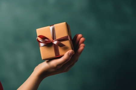 Female hand holding a gift box with a red ribbon on a green backgroundの素材