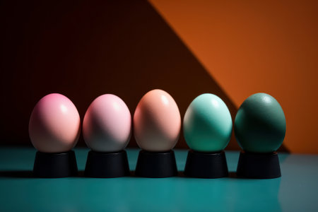 Row of easter eggs on a blue and orange background with sunlightの素材