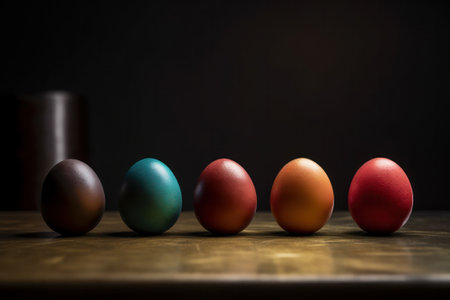 Colorful easter eggs on a wooden table against a dark backgroundの素材