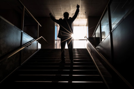Silhouette of a successful businessman standing on the stairs with raised hands.の素材