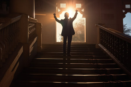 Silhouette of a successful businessman standing on the stairs with raised hands.の素材