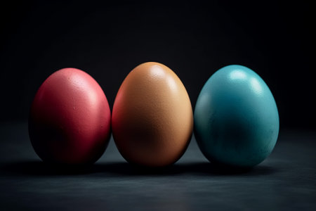 Three colored easter eggs on a dark background. Toned.の素材