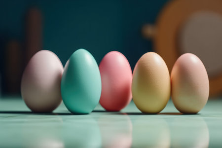 Colourful easter eggs on a table with blurred background., Generative Aiの素材