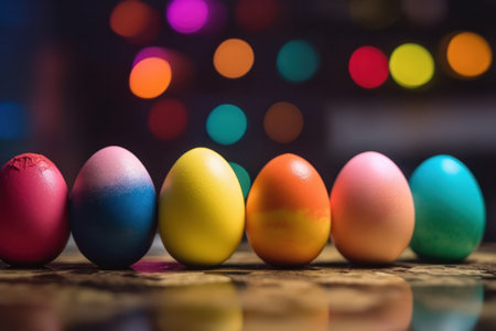 Colourful easter eggs on a wooden table with a bokeh background, Generative Aiの素材
