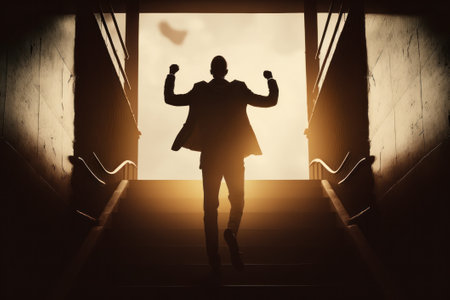 Silhouette of a successful businessman standing on the stairs with raised hands.の素材