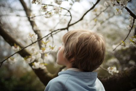 Back view of a boy standing in front of a blooming cherry tree in the springの素材