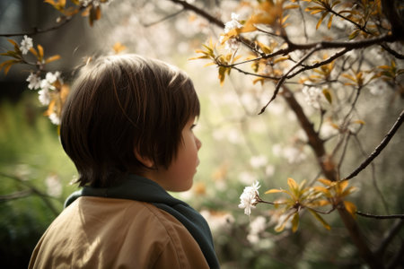 Back view of a boy standing in front of a blooming cherry tree in the springの素材