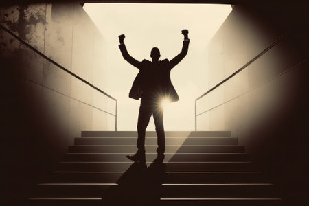 Silhouette of a successful businessman standing on the stairs with raised hands.の素材